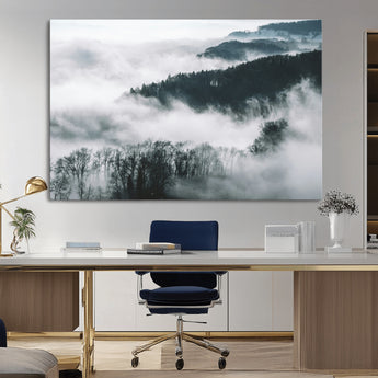 67569654-MGV-CV-36X24-Foggy Forest Wall Art – Mist Covered Hills and Trees Landscape Canvas Print, Moody Nature Photography Decor for Living Room,