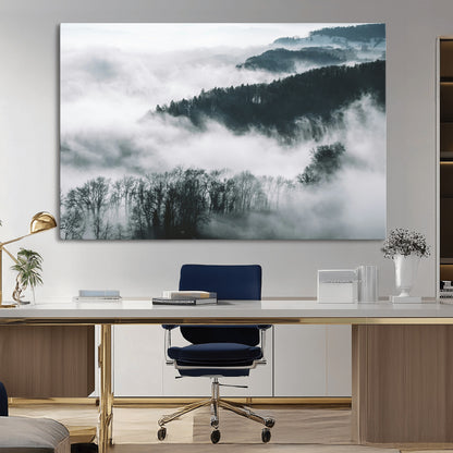 67569654-MGV-CV-36X24-Foggy Forest Wall Art – Mist Covered Hills and Trees Landscape Canvas Print, Moody Nature Photography Decor for Living Room,