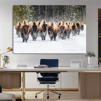 96906195-MGV-CV-36X24-Bison Herd Wall Art – American Buffalo Wildlife Photography Canvas Print, Winter Snow Scene Western Nature Decor for Living Room,