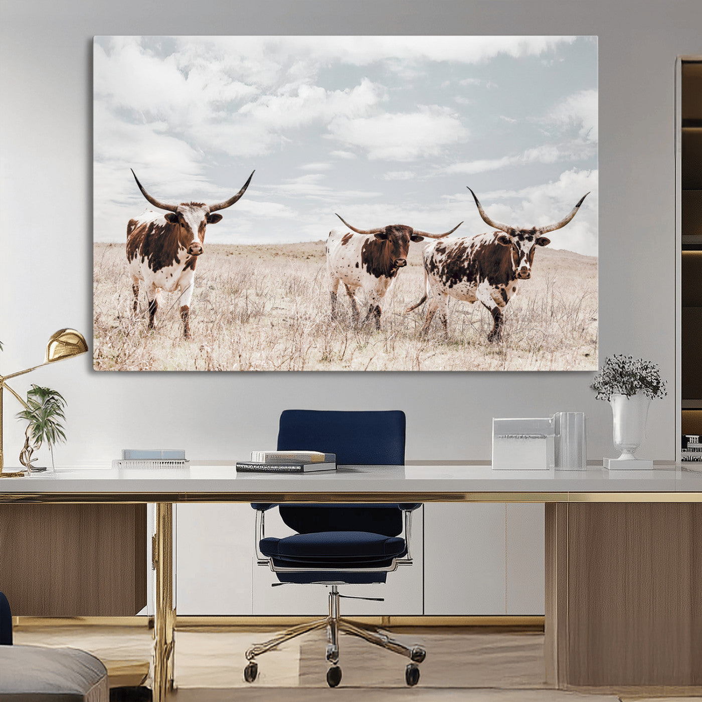 65621083-MGV-CV-36X24-Texas Longhorn Wall Art – Rustic Western Cattle Canvas Print, Southwestern Ranch Photography Decor for Living Room, Office,