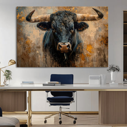 91615410-MGV-CV-36X24-Bull Wall Art – Rustic Western Longhorn Canvas Print, Powerful Abstract Animal Painting, Farmhouse Ranch Decor for Living Room,