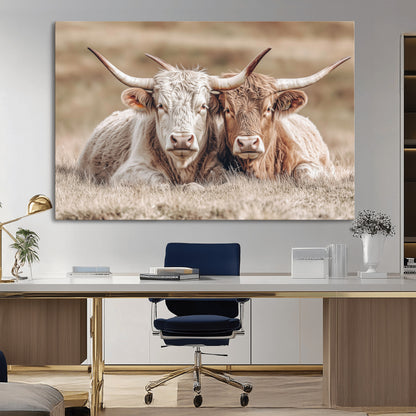 38651722-MGV-CV-36X24-Cow Wall Art – Rustic Longhorn Pair Canvas Print, Western Farmhouse Animal Painting, Country Ranch Decor for Living Room, Bedroom,