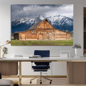 15173627-MGV-CV-36X24-Barn Wall Art – Rustic Wooden Cabin Canvas Print with Snowy Mountain Landscape, Western Farmhouse Country Decor for Living Room,
