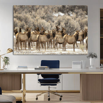 93076148-MGV-CV-36X24-Elk Herd Wall Art – Wildlife Canvas Print of Elk in Winter Landscape, Rustic Western Cabin & Lodge Décor, Nature Photography for