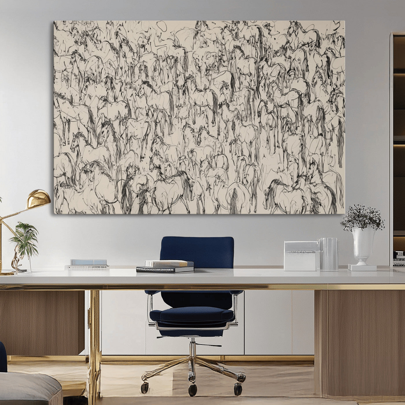 12358908-MGV-CV-36X24-Horse Herd Sketch Wall Art – Abstract Wild Horses Line Drawing Canvas Print, Rustic Western Style Equestrian Decor for Living