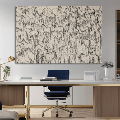 12358908-MGV-CV-36X24-Horse Herd Sketch Wall Art – Abstract Wild Horses Line Drawing Canvas Print, Rustic Western Style Equestrian Decor for Living