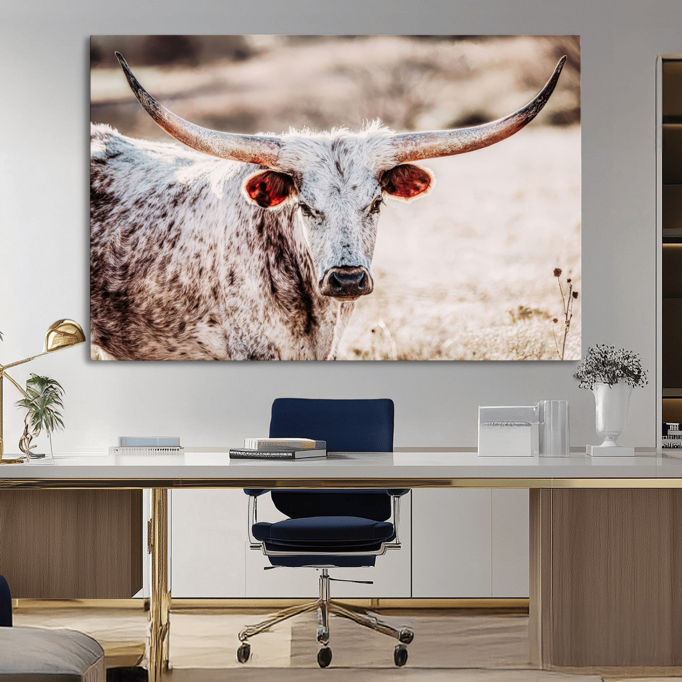 72388892-MGV-CV-36X24-Texas Longhorn Wall Art – Rustic Western Canvas Print, Cowboy Style Farmhouse Bull Artwork for Living Room, Ranch, Office or Man