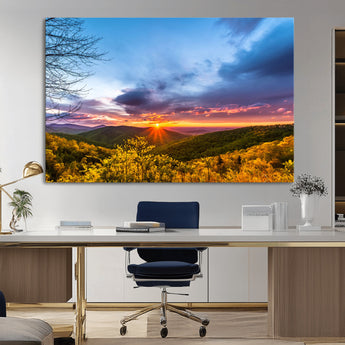 25786346-MGV-CV-36X24-Sunset Over Mountains Wall Art – Nature Landscape Canvas Print, Golden Hour Forest Photography, Scenic Sunrise Artwork for Living