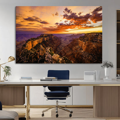 75573843-MGV-CV-36X24-Grand Canyon Sunset Wall Art – Panoramic Canyon Landscape Canvas Print, Dramatic Desert Cliffs Artwork, Nature Inspired Scenic