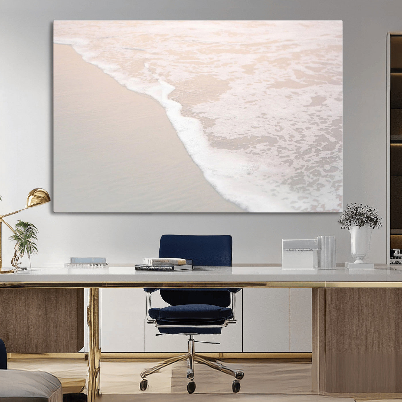 28414510-MGV-CV-36X24-Ocean Shoreline Wall Art – Minimal Coastal Beach Canvas Print, Soft Sea Foam and Sand Photography Artwork, Relaxing Nautical Decor