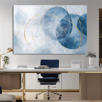 47060443-MGV-CV-36X24-Blue Abstract Circle Wall Art – Modern Gold and Navy Canvas Print, Minimalist Geometric Painting for Living Room, Bedroom, Office