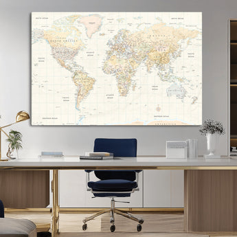 40660043-MGV-CV-36X24-World Map Wall Art – Large Detailed Atlas Style Map Print with Countries, Cities, and Oceans, Neutral Beige and Tan Educational