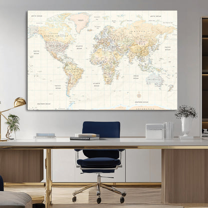 40660043-MGV-CV-36X24-World Map Wall Art – Large Detailed Atlas Style Map Print with Countries, Cities, and Oceans, Neutral Beige and Tan Educational