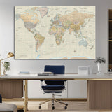 41929777-MGV-CV-36X24-World Map Wall Art – Large Detailed Political Atlas Style Map Print with Countries, Cities, and Oceans, Warm Earth Tone