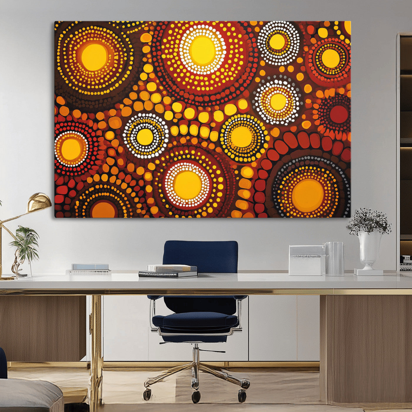 81120549-MGV-CV-36X24-Abstract Dot Painting Wall Art – Vibrant Tribal Boho Style Canvas Print with Sunburst Mandala Circles in Warm Red, Yellow, Orange
