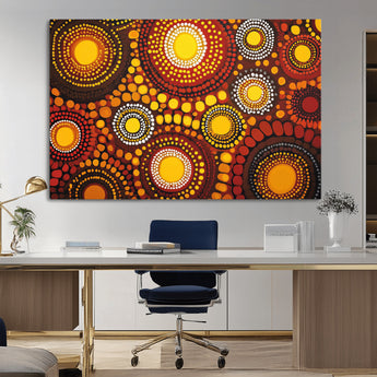 81120549-MGV-CV-36X24-Abstract Dot Painting Wall Art – Vibrant Tribal Boho Style Canvas Print with Sunburst Mandala Circles in Warm Red, Yellow, Orange