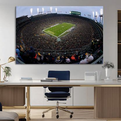 14387817-MGV-CV-36X24-Lambeau Field Stadium Wall Art – Green Bay Packers Game Day Canvas Print with Fireworks and Crowd – NFL Football Fan Man Cave