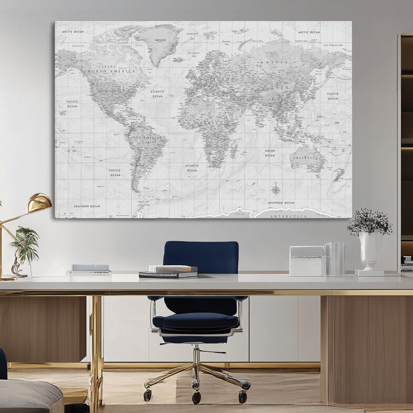 10516725-MGV-CV-36X24-Black and White World Map Wall Art – Minimalist Grayscale Canvas Print – Modern Detailed Travel Map Poster for Home, Office, or