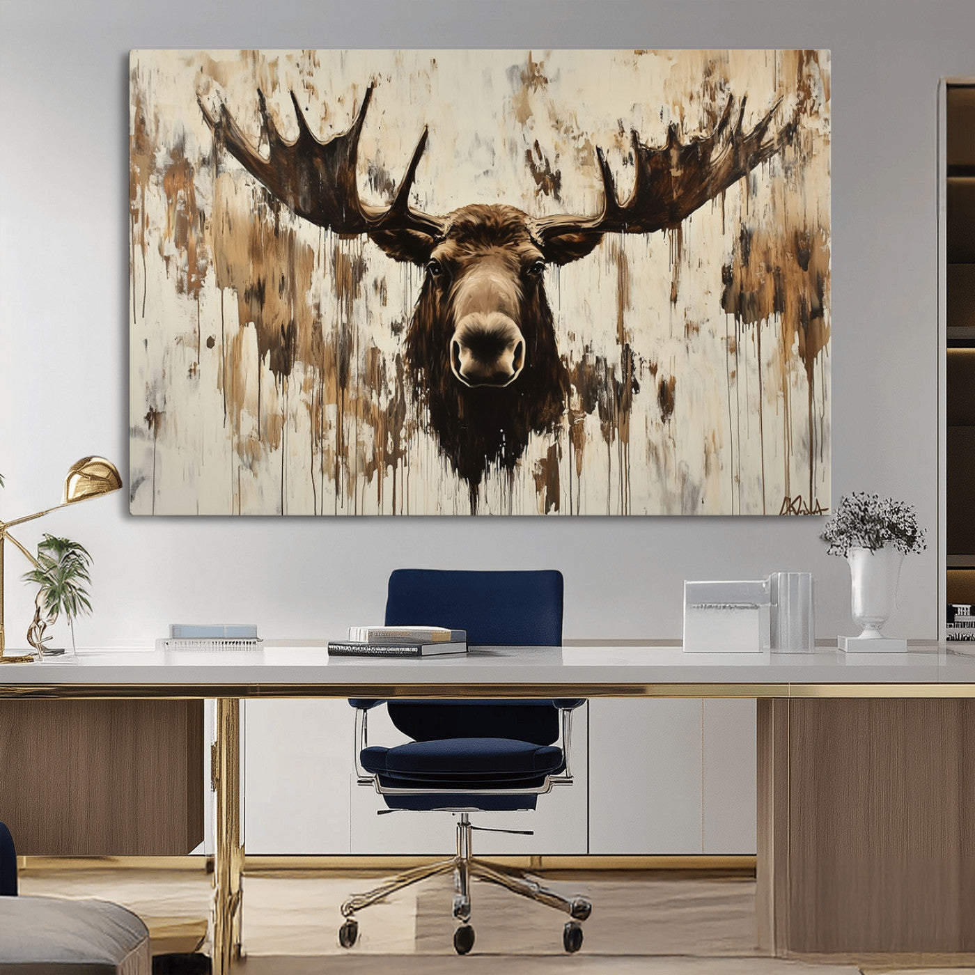 34496536-MGV-CV-36X24-Rustic Moose Wall Art – Modern Abstract Animal Canvas Print – Majestic Moose Head Painting with Neutral Earth Tones for Cabin,