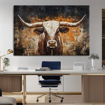 25265572-MGV-CV-36X24-Longhorn Bull Wall Art – Rustic Western Texas Steer Canvas Print, Textured Animal Painting for Home, Office, Man Cave or Farmhouse