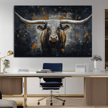 93195031-MGV-CV-36X24-Dark Longhorn Bull Wall Art – Western Steer Canvas Print, Moody Rustic Animal Painting for Man Cave, Ranch House, Office or Modern