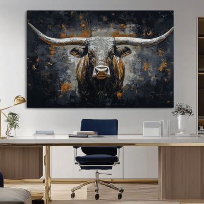 93195031-MGV-CV-36X24-Dark Longhorn Bull Wall Art – Western Steer Canvas Print, Moody Rustic Animal Painting for Man Cave, Ranch House, Office or Modern