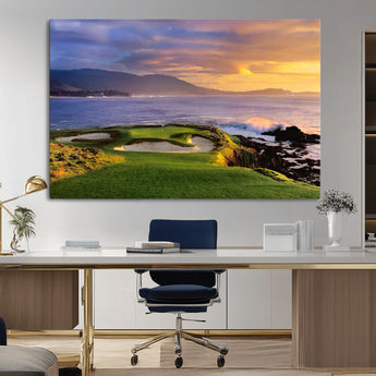 39644075-MGV-CV-36X24-Golf Course Wall Art – Coastal Sunset Canvas Print, Scenic Oceanfront Fairway Landscape Decor for Office, Man Cave, or Living Room