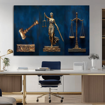 91629053-MGV-CV-36X24-Lady Justice Wall Art – Golden Gavel and Scales Canvas Print, Elegant Legal Office Decor for Lawyers, Judges, Courtroom or Study