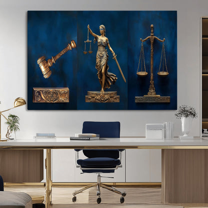 91629053-MGV-CV-36X24-Lady Justice Wall Art – Golden Gavel and Scales Canvas Print, Elegant Legal Office Decor for Lawyers, Judges, Courtroom or Study