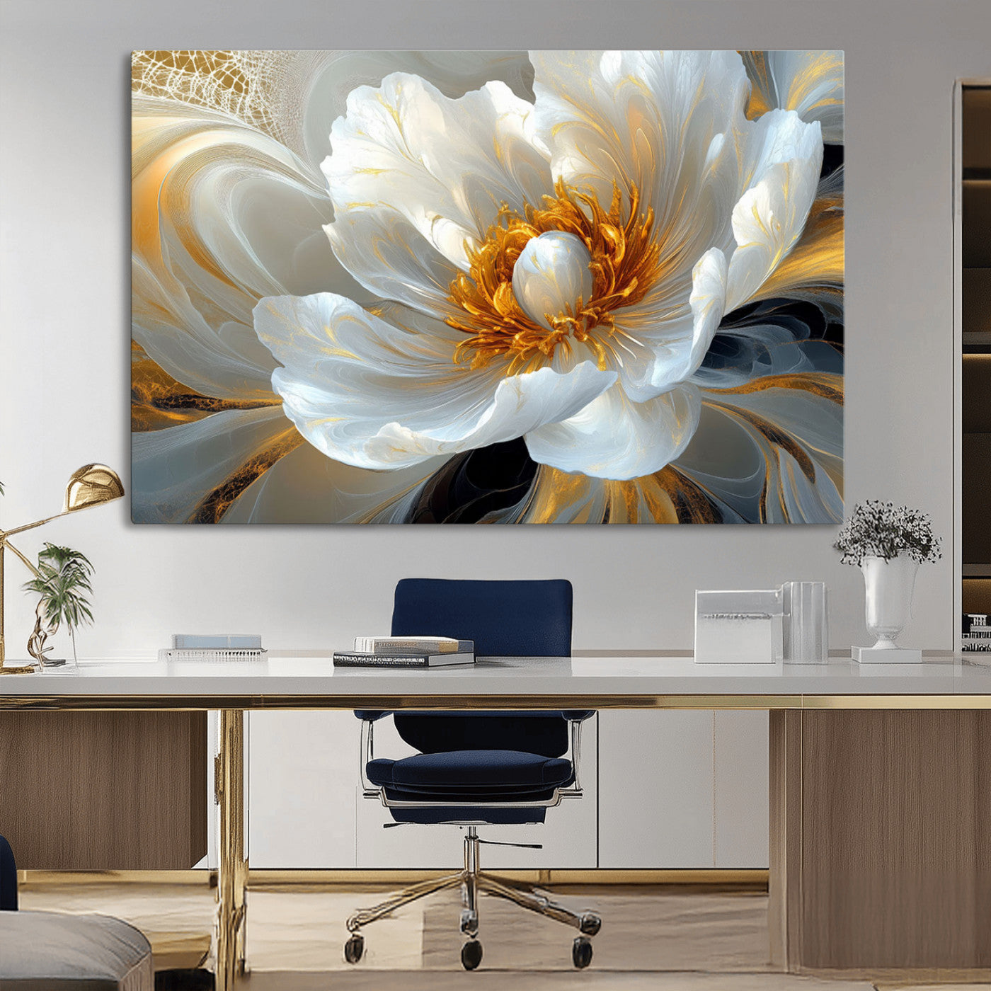 39604126-MGV-CV-36X24-Abstract Flower Wall Art – Elegant White and Gold Bloom Canvas Print, Modern Floral Artwork for Bedroom, Living Room, or Office