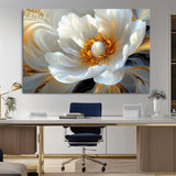 39604126-MGV-CV-36X24-Abstract Flower Wall Art – Elegant White and Gold Bloom Canvas Print, Modern Floral Artwork for Bedroom, Living Room, or Office