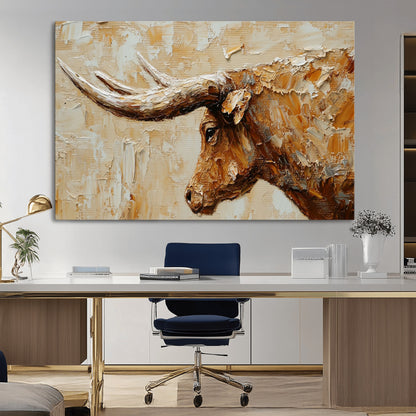 69611428-MGV-CV-36X24-Longhorn Bull Wall Art – Rustic Western Canvas Print, Textured Farmhouse Cattle Painting for Living Room, Office, or Ranch House