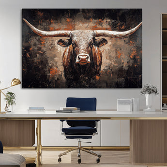 24779067-MGV-CV-36X24-Longhorn Bull Wall Art – Western Rustic Canvas Print, Bold Cowboy Cattle Painting for Ranch House, Farmhouse, Office, or Living
