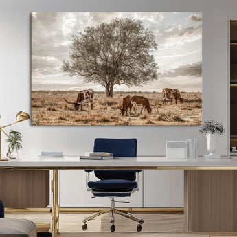 87590224-MGV-CV-36X24-Longhorn Cattle Wall Art – Rustic Western Landscape Canvas Print, Texas Farmhouse Prairie Scene for Living Room, Office, or Ranch