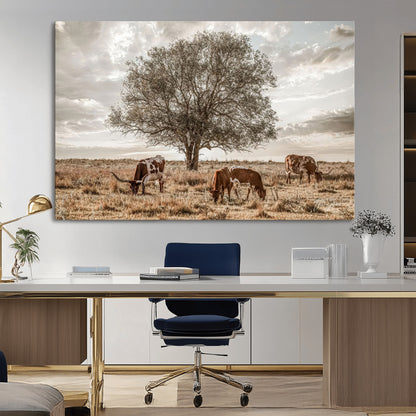 87590224-MGV-CV-36X24-Longhorn Cattle Wall Art – Rustic Western Landscape Canvas Print, Texas Farmhouse Prairie Scene for Living Room, Office, or Ranch