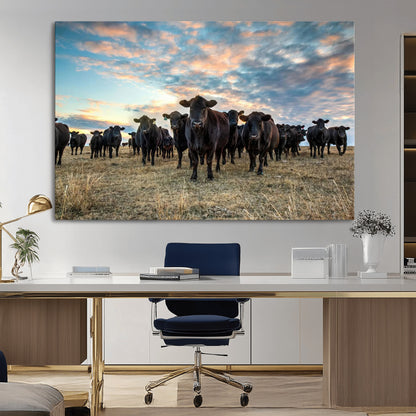 13867292-MGV-CV-36X24-Black Cattle Wall Art – Rustic Ranch Herd Canvas Print, Western Farmhouse Country Landscape Decor for Living Room, Office, or