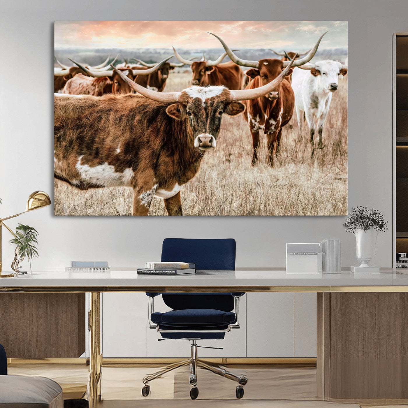 47758300-MGV-CV-36X24-Texas Longhorn Cattle Wall Art – Rustic Western Herd Canvas Print, Cowboy Ranch Farmhouse Decor for Living Room, Office, or
