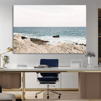 25481980-MGV-CV-36X24-Ocean Coastal Wall Art – Rocky Shoreline and Waves Canvas Print, Serene Beach Landscape Decor for Living Room, Bedroom, or Office
