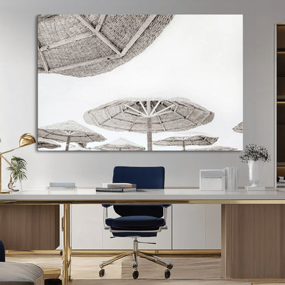 97043123-MGV-CV-36X24-Beach Umbrella Wall Art – Minimalist Coastal Canvas Print, Woven Parasol Summer Decor for Bedroom, Living Room, or Modern Beach