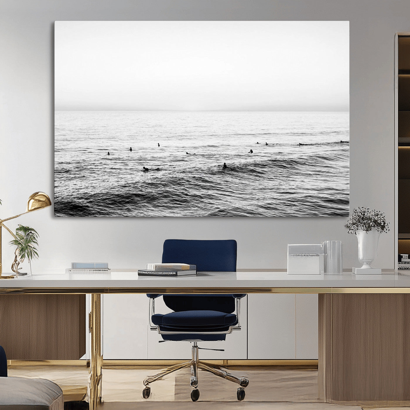 47208268-MGV-CV-36X24-Surfer Ocean Wall Art – Black and White Coastal Canvas Print, Minimalist Surfing Seascape Decor for Living Room, Bedroom, or Beach