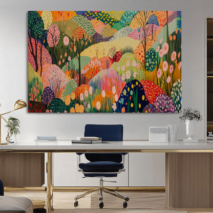 79636380-MGV-CV-36X24-Colorful Abstract Landscape Wall Art – Vibrant Hills and Flowers Canvas Print, Modern Whimsical Artwork for Living Room, Bedroom,