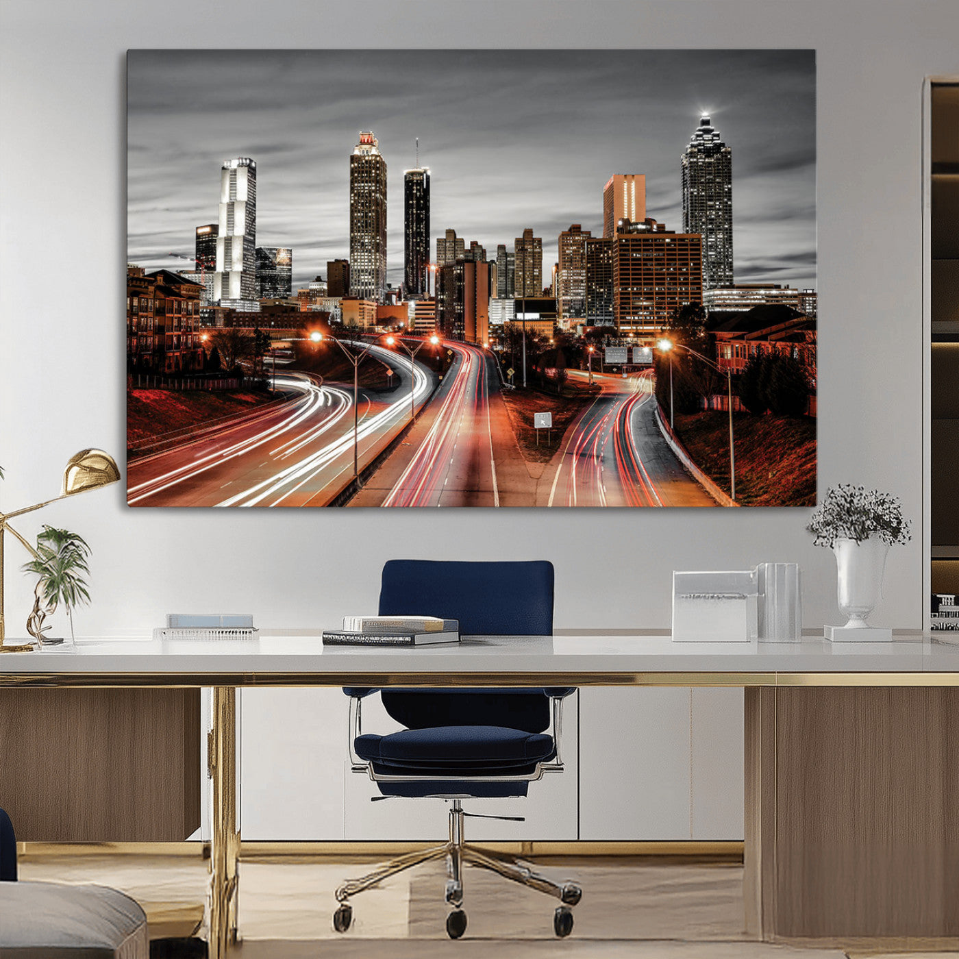 59097239-MGV-CV-36X24-City Skyline Wall Art – Modern Black and White Night Canvas Print with Red Light Trails, Urban Landscape Decor for Living Room or