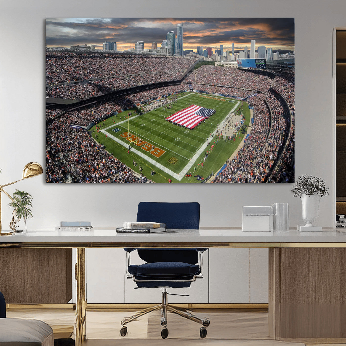 98106777-MGV-CV-36X24-Soldier Field Wall Art – Chicago Bears Stadium Canvas Print with American Flag, Game Day Football Decor for Man Cave, Bar, or