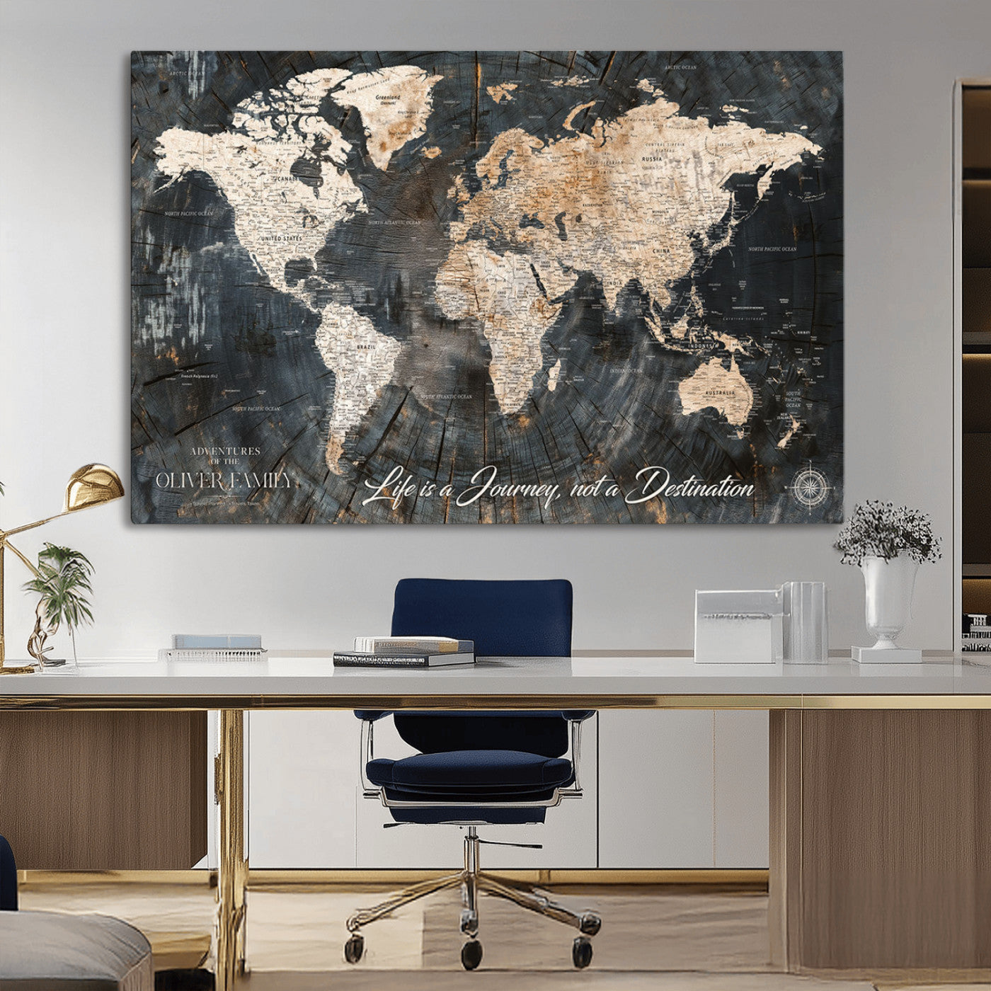37848568-MGV-CV-36X24-Life is a Journey Not a Destination World Map Rustic Wood Texture Vintage Beige Navy Adventure Wall Art Canvas Print for Home