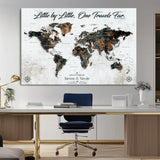 88337180-MGV-CV-36X24-Little by Little One Travels Far Tolkien Quote World Map Rustic Black Brown Adventure Wall Art Canvas Print for Home Office Living
