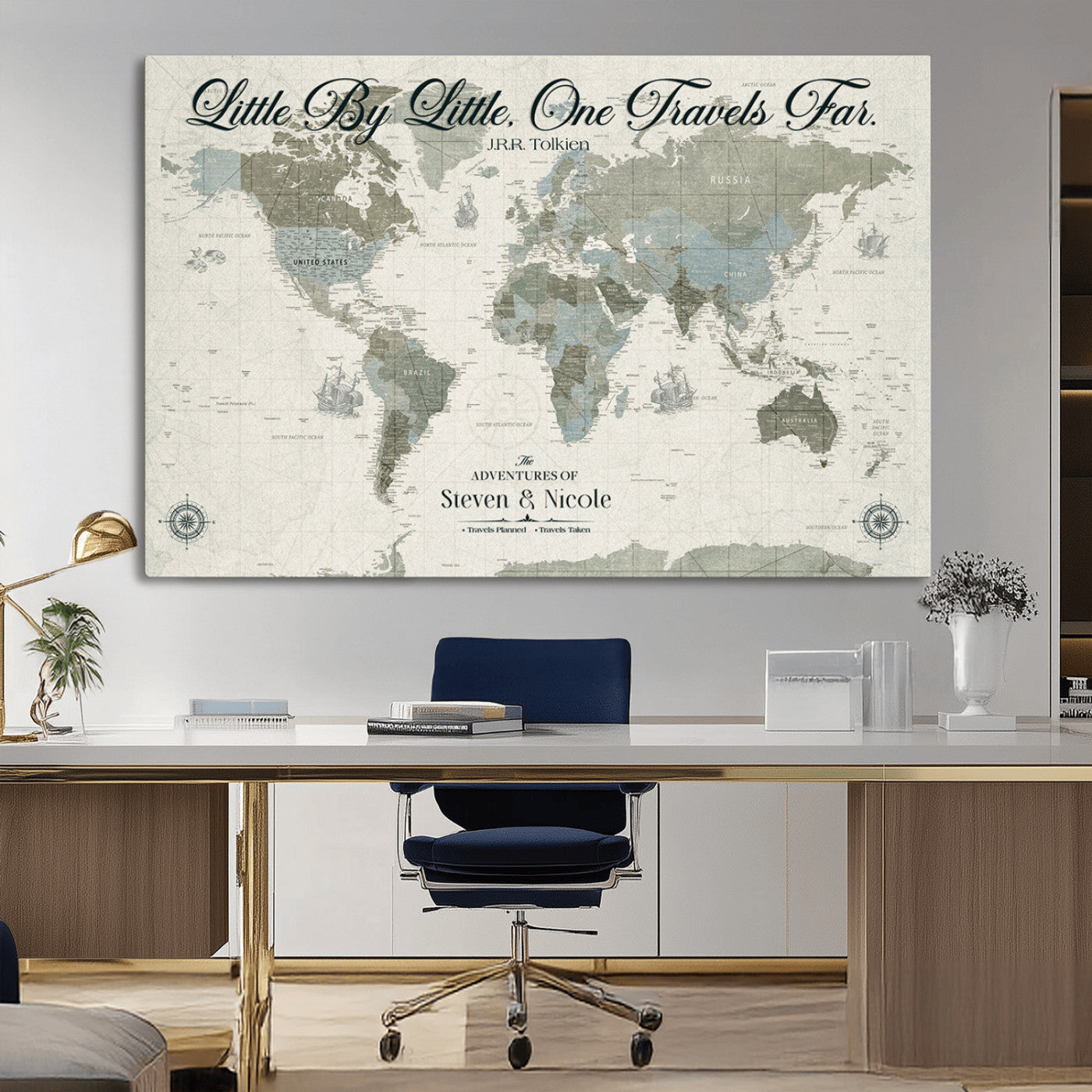 10693204-MGV-CV-36X24-Little By Little One Travels Far Tolkien Quote Blue Green World Map Adventure Wall Art Canvas Print Rustic Wanderlust Travel Decor
