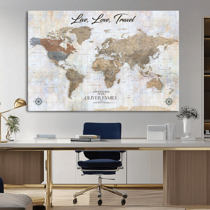 43924907-MGV-CV-36X24-Live Love Travel Wall Art – Neutral World Map Canvas Print, Rustic Adventure Decor for Home, Office or Living Room, Unique Gift