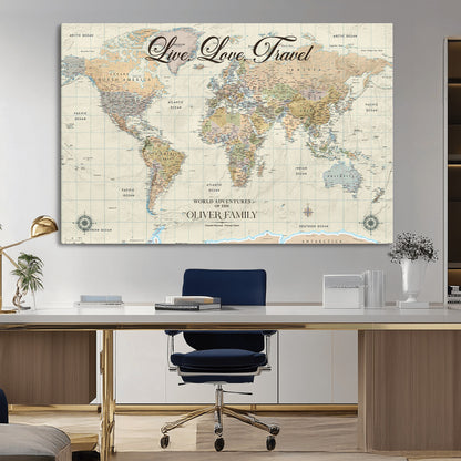 19479008-MGV-CV-36X24-Live Love Travel Wall Art – Detailed World Map Canvas Print, Adventure Decor for Living Room, Office or Bedroom, Travel Gift for