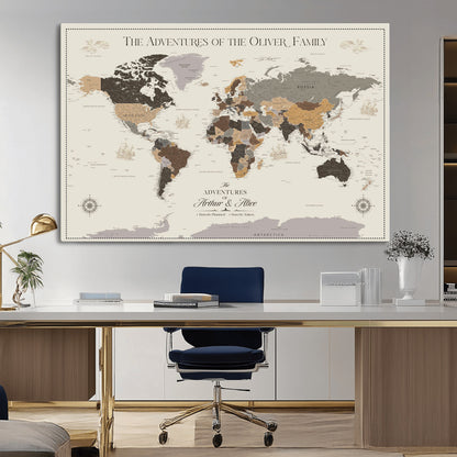 38723540-MGV-CV-36X24-Adventures of the Oliver Family Wall Art – Earth Tone World Map Canvas Print, Minimalist Travel Decor for Living Room, Bedroom or