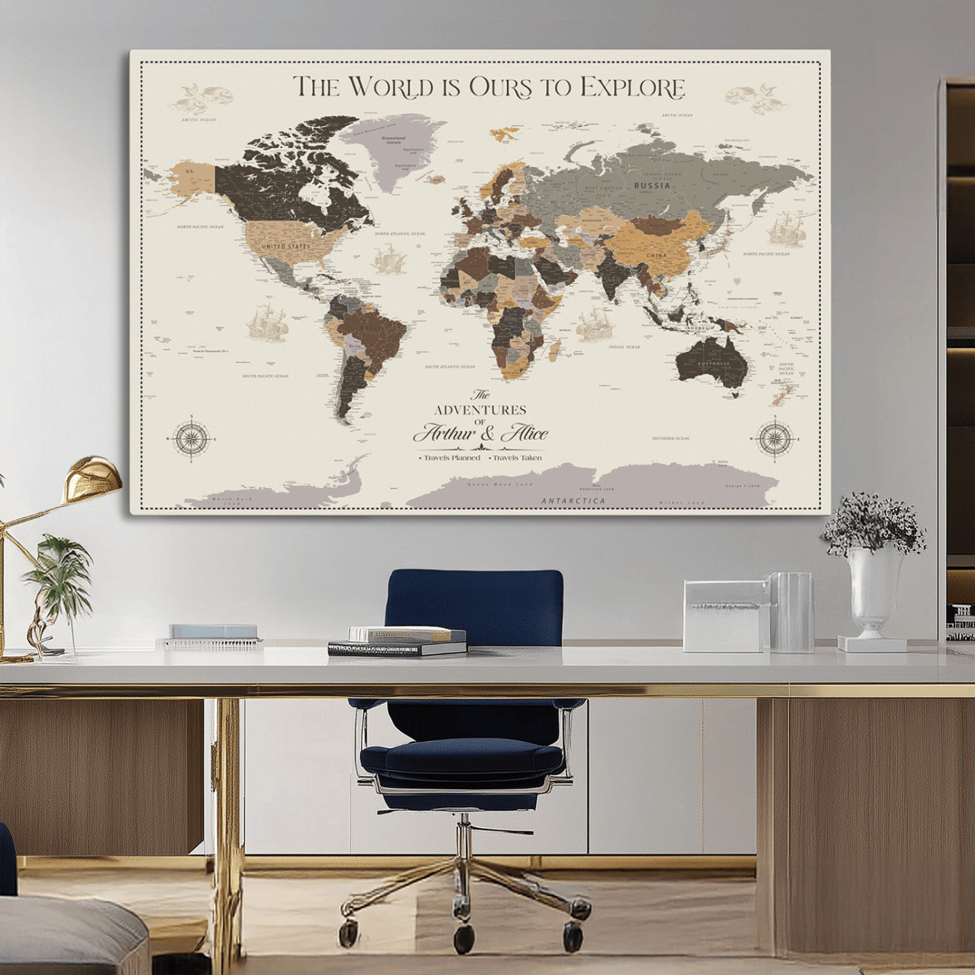 90024882-MGV-CV-36X24-The World is Ours to Explore Wall Art – Earth Tone World Map Canvas Print, Adventure Travel Decor for Living Room, Office or